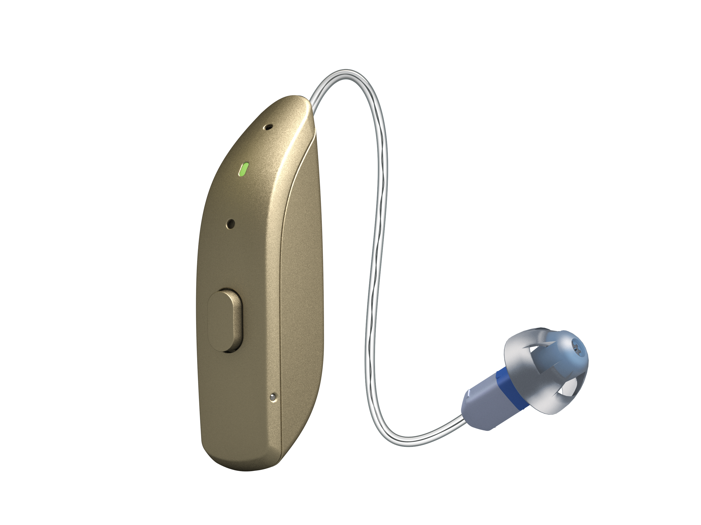 A ReSound OMNIA 461 hearing aid — the body sits behind the ear, the speaker inside the canal on a thin wire